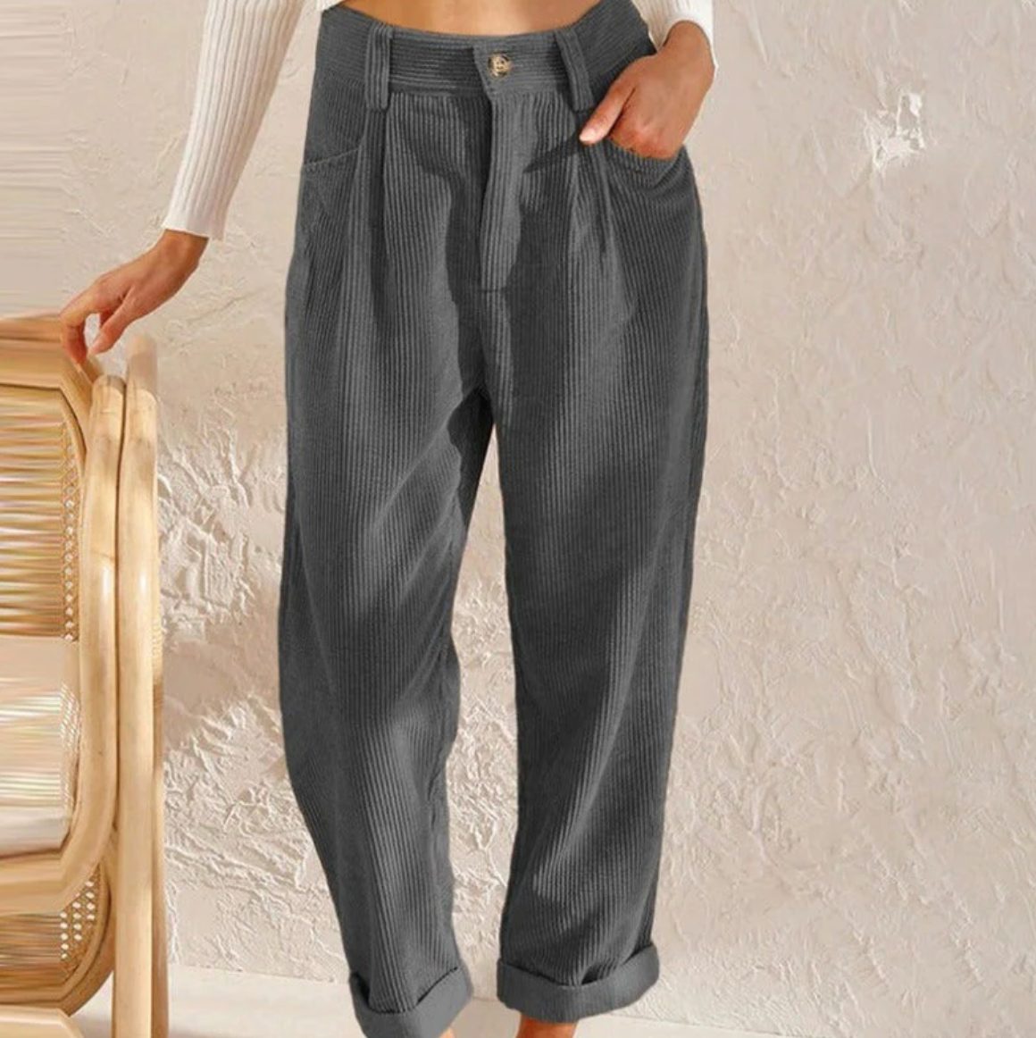 Straight Leg Corduroy Trousers for Women - Gray
