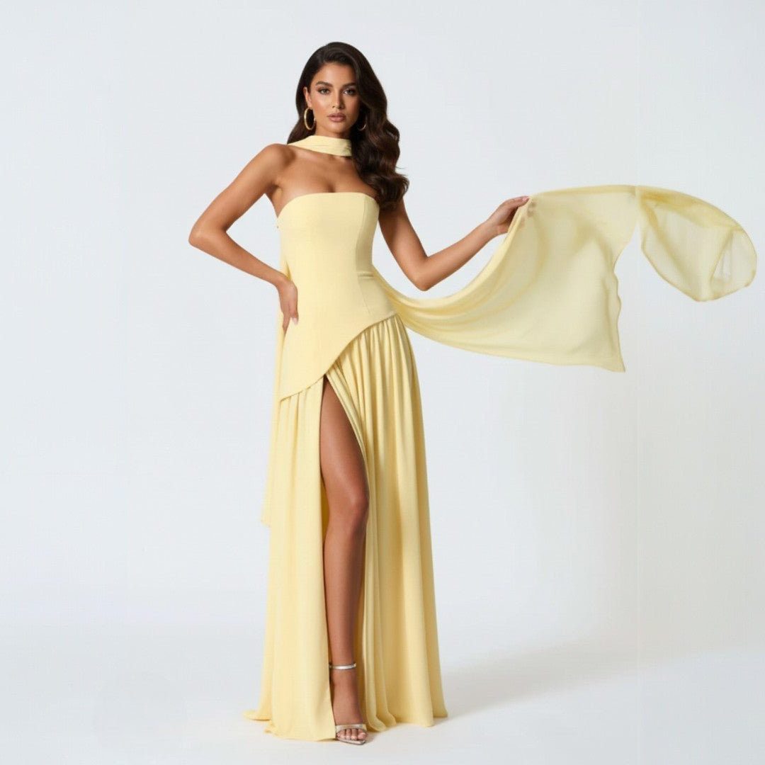 Strapless A-Line Maxi Formal Dress for Women - Yellow