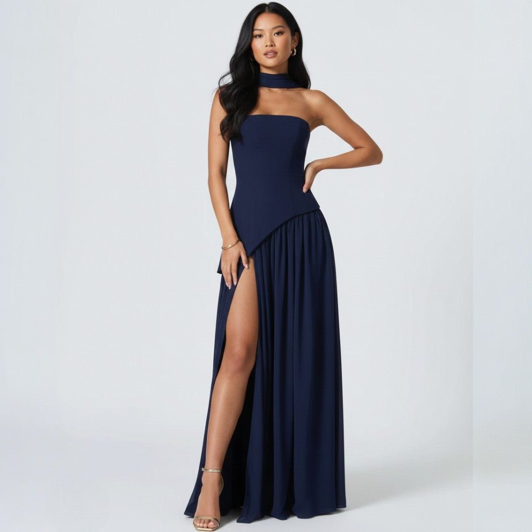Strapless A-Line Maxi Formal Dress for Women - Navy