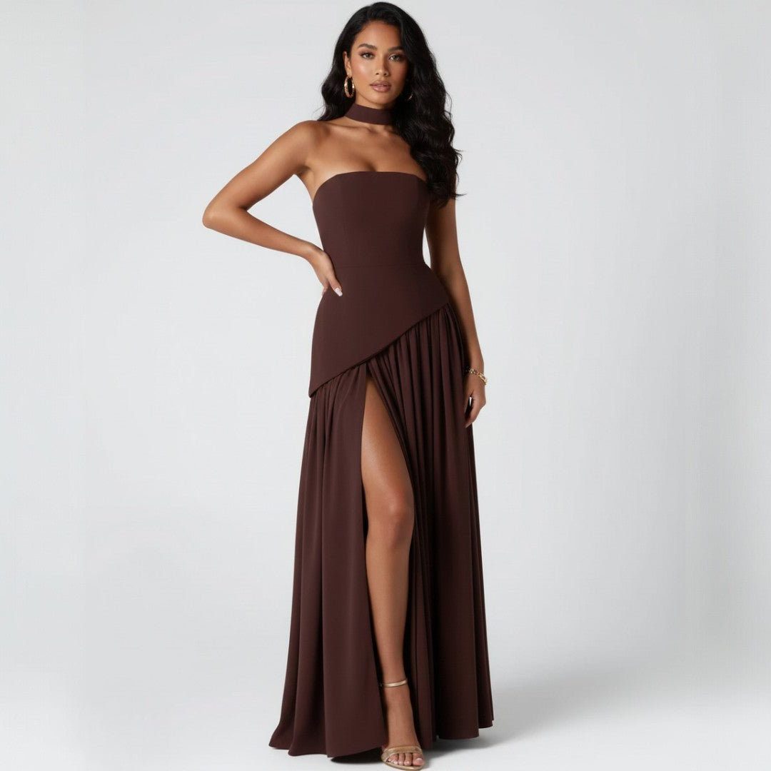 Strapless A-Line Maxi Formal Dress for Women - Brown