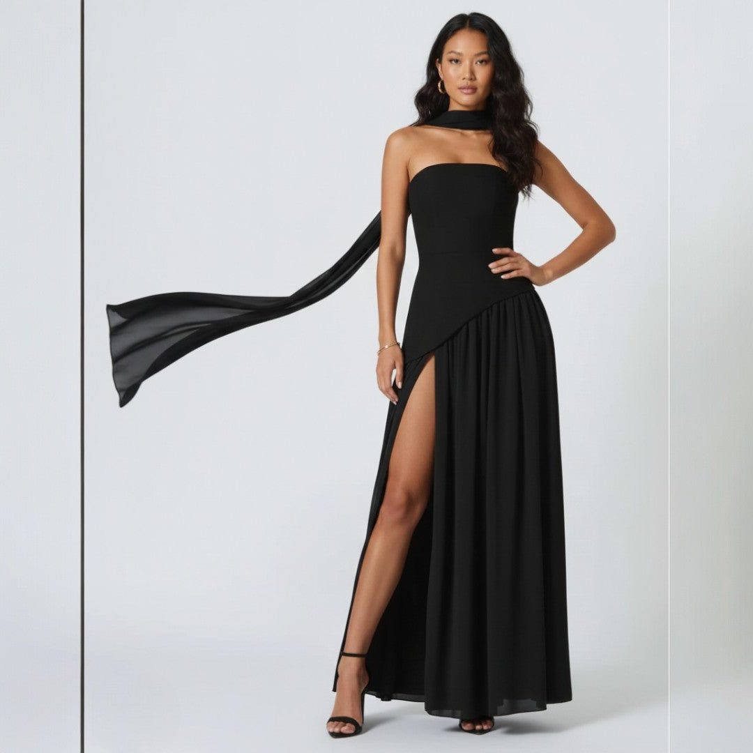 Strapless A-Line Maxi Formal Dress for Women - Black