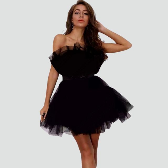 Strapless Layered Tulle Dress for Women - Black