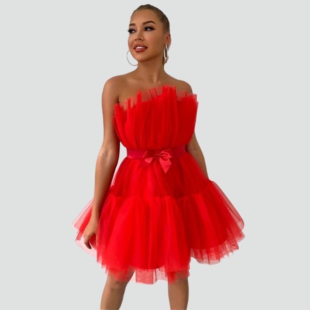 Strapless Layered Tulle Dress for Women - Red
