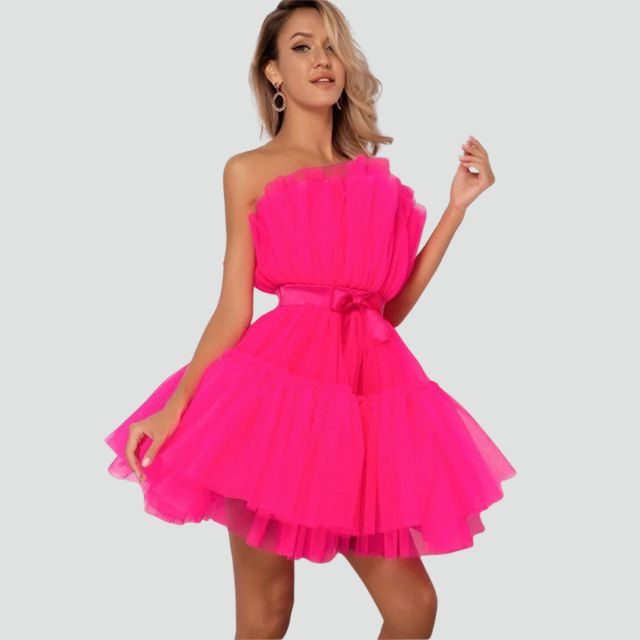 Strapless Layered Tulle Dress for Women - Hot Pink