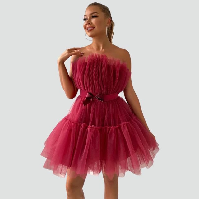 Strapless Layered Tulle Dress for Women - Bordeaux Rose