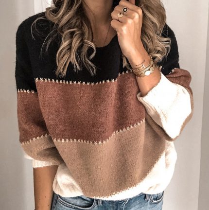 Striped Crew Neck Sweatshirt for Women - Brown
