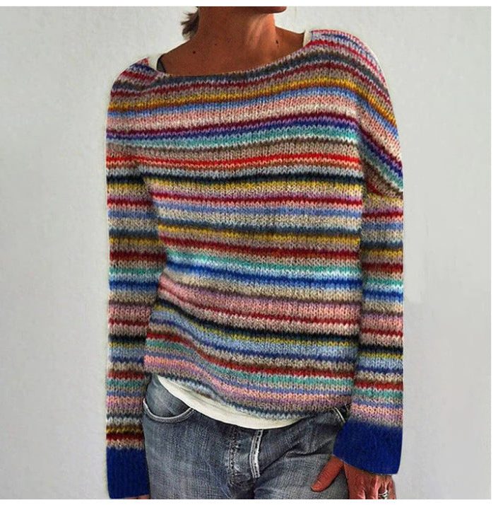 Striped Knit Sweater with Crew Neck for Women
