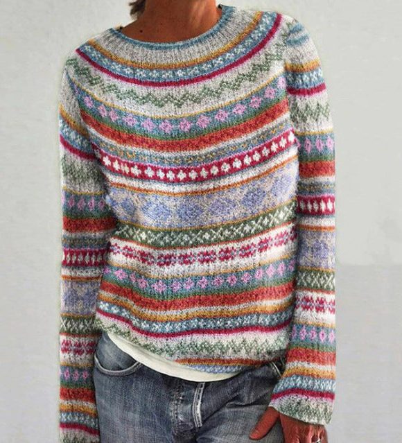 Striped Knit Sweater with Crew Neck for Women - Blue