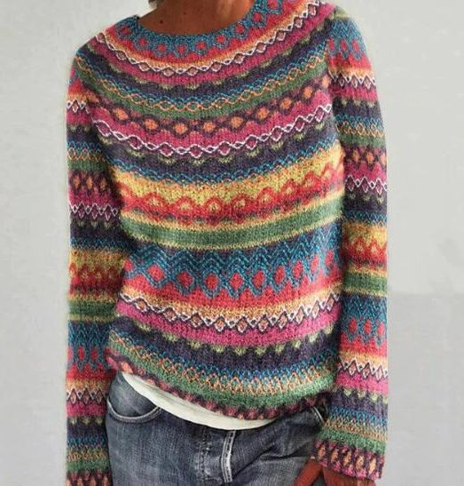 Striped Knit Sweater with Crew Neck for Women - White