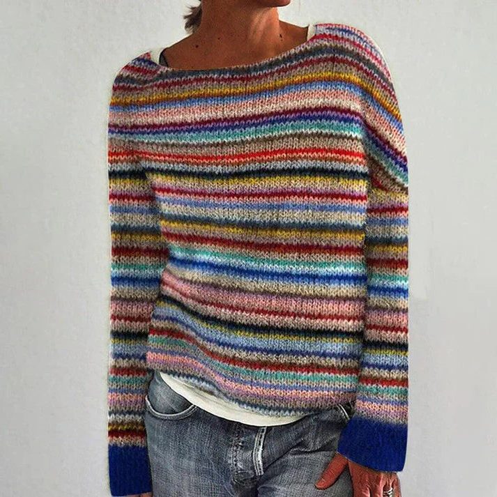 Striped Ribbed Knit Sweater with Crew Neck for Women