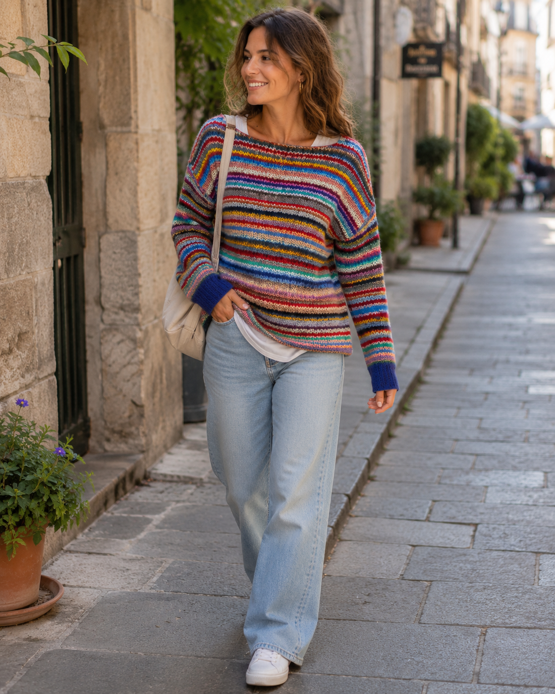 Striped Ribbed Knit Sweater with Crew Neck for Women