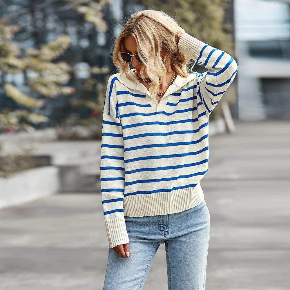 Striped Ribbed Knit Sweater with V-Neck for Women