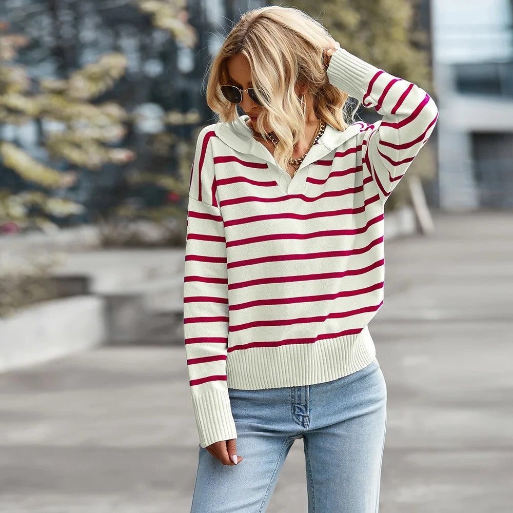 Striped Ribbed Knit Sweater with V-Neck for Women