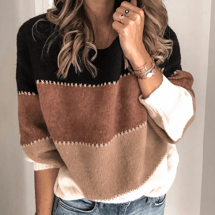 Striped Short Sleeve Crew Neck Jumper for Women - Brown