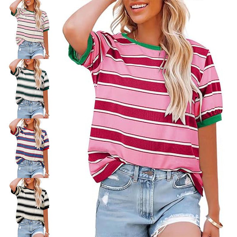 Striped T-Shirt with Crew Neck and Short Sleeves for Women