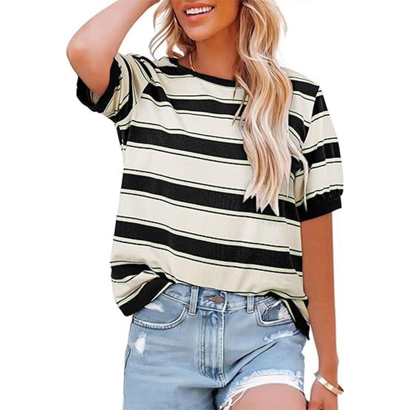 Striped T-Shirt with Crew Neck and Short Sleeves for Women