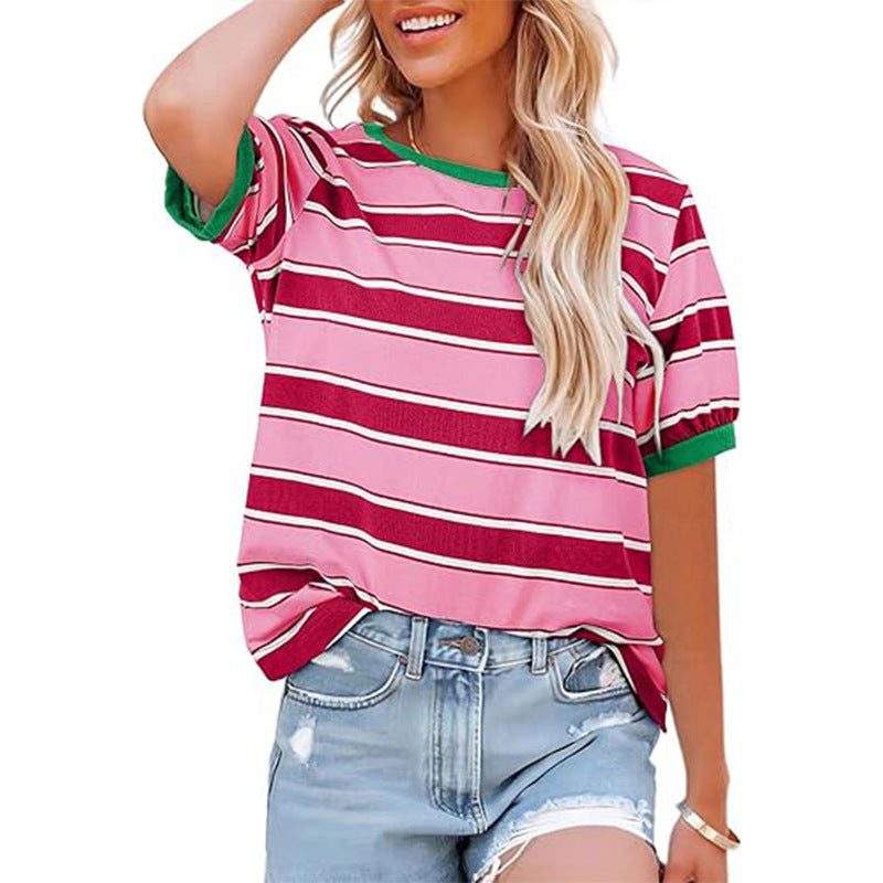 Striped T-Shirt with Crew Neck and Short Sleeves for Women