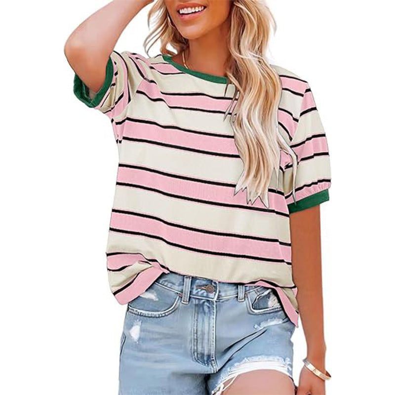 Striped T-Shirt with Crew Neck and Short Sleeves for Women