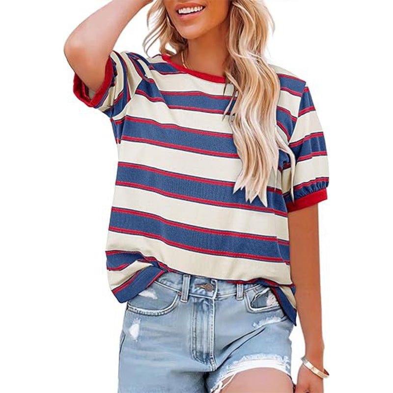 Striped T-Shirt with Crew Neck and Short Sleeves for Women