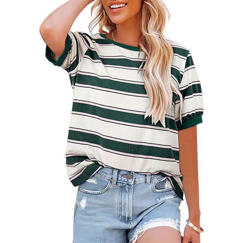 Striped T-Shirt with Crew Neck and Short Sleeves for Women