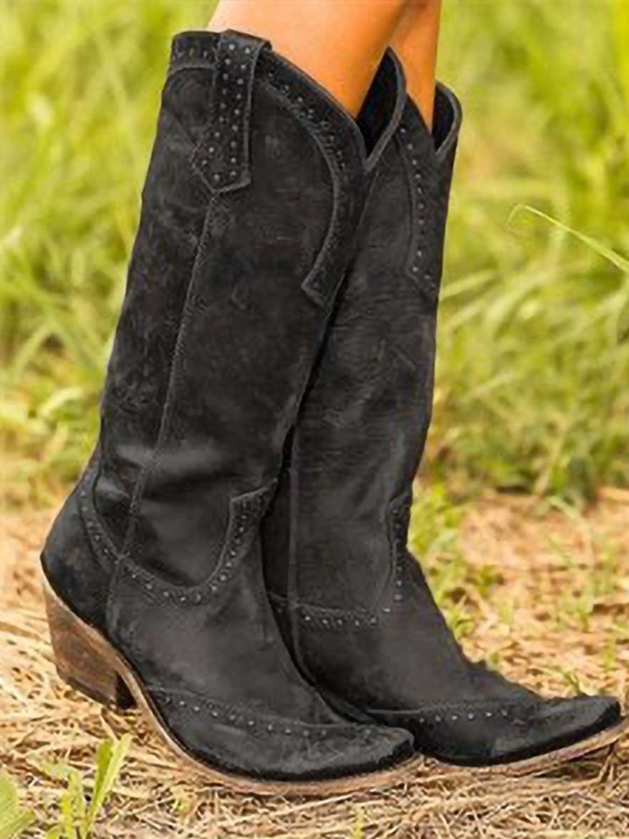 Studded Knee High Cowboy Boots for Women - Black