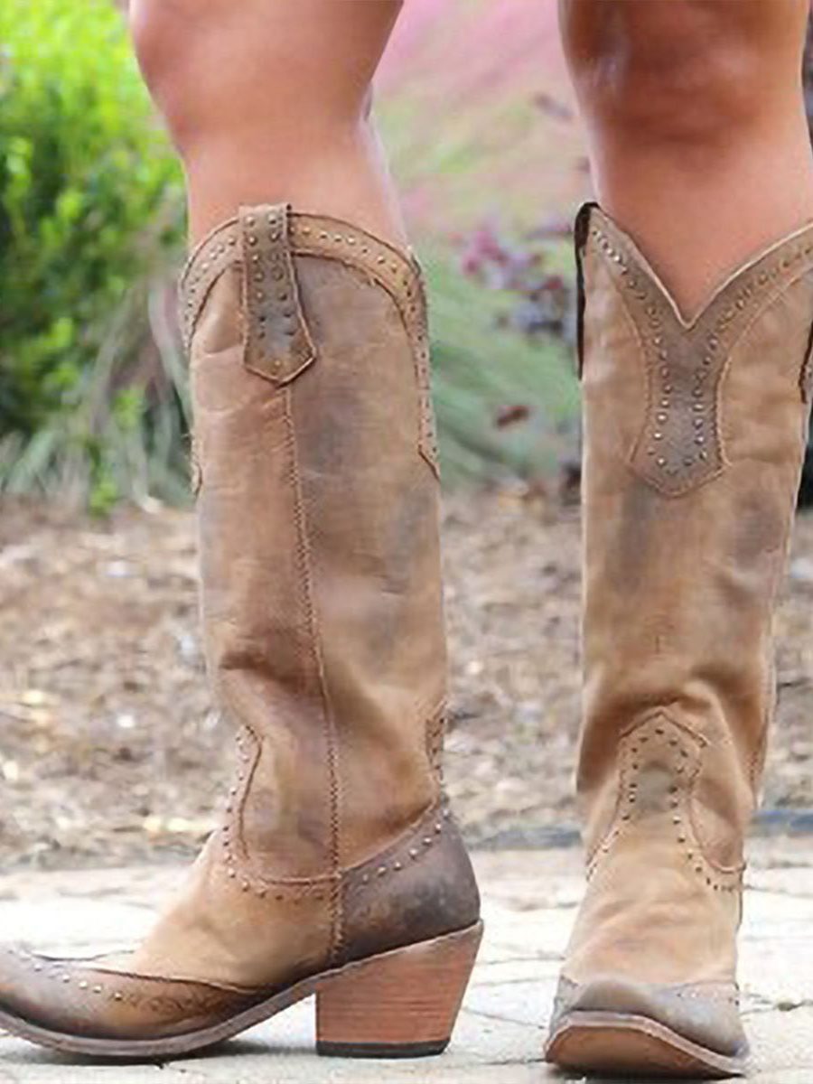 Studded Knee High Cowboy Boots for Women - Yellow