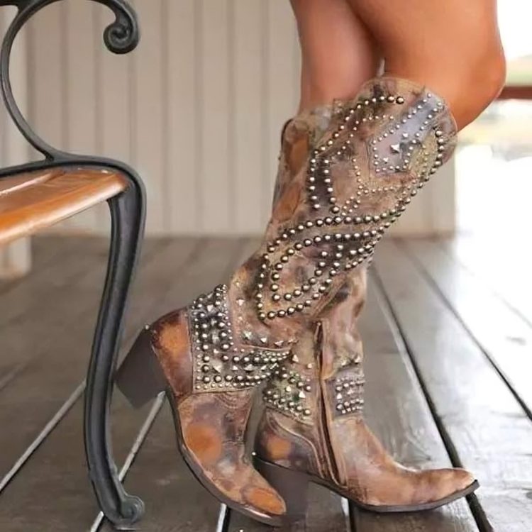 Studded Knee High Western Boots for Women - Brown