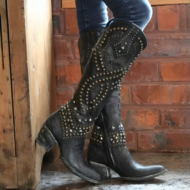 Studded Knee High Western Boots for Women - Black