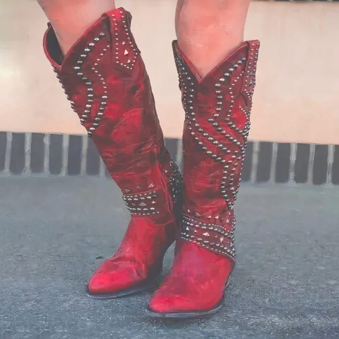 Studded Knee High Western Boots for Women - Red