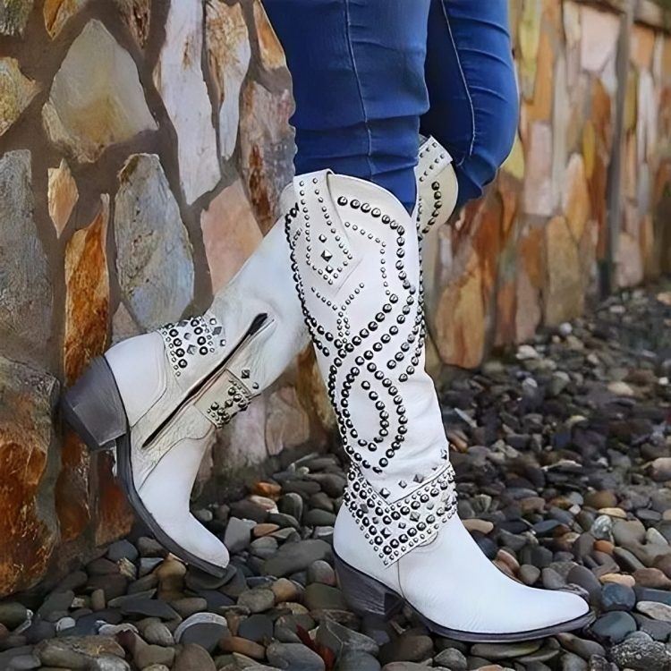 Studded Knee High Western Boots for Women - White