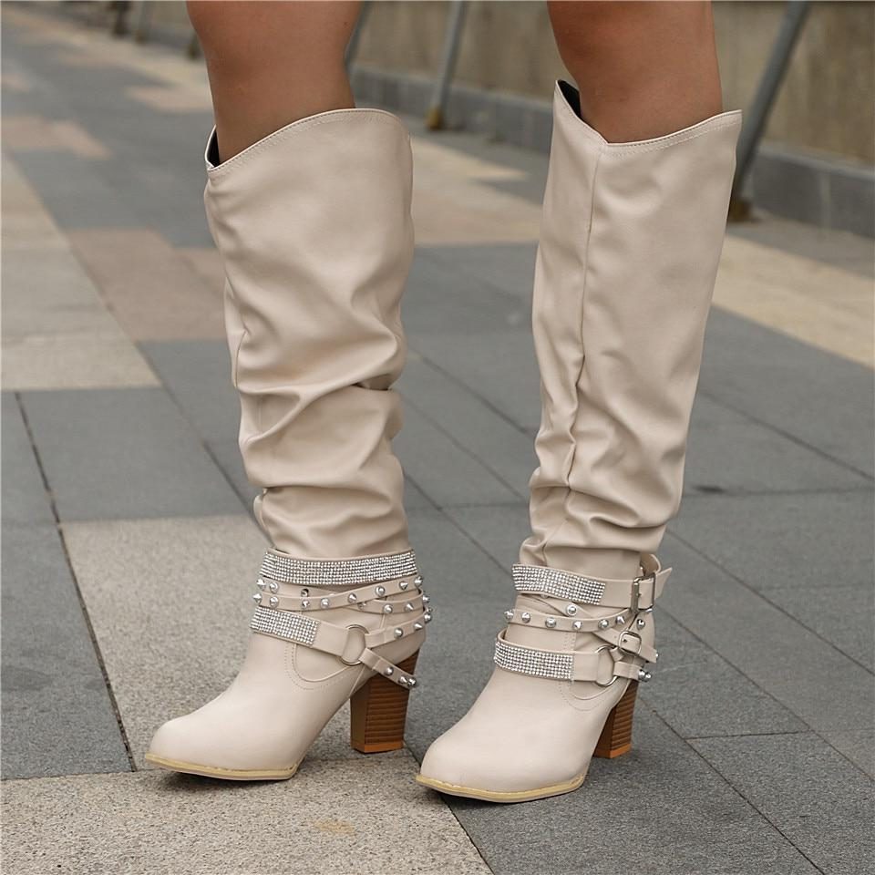 Studded Slouchy Knee-High Block Heel Boots for Women - Beige