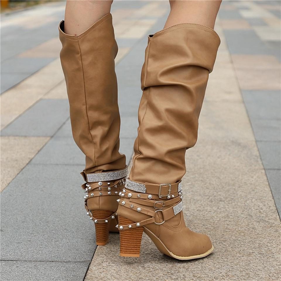 Studded Slouchy Knee-High Block Heel Boots for Women - View 10