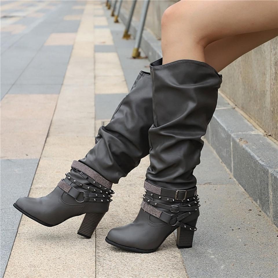 Studded Slouchy Knee-High Block Heel Boots for Women - View 11