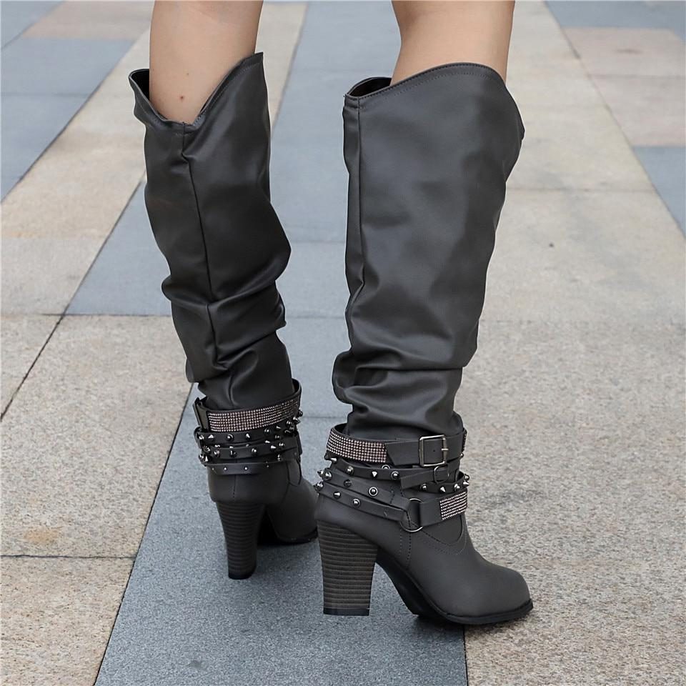 Studded Slouchy Knee-High Block Heel Boots for Women - View 12