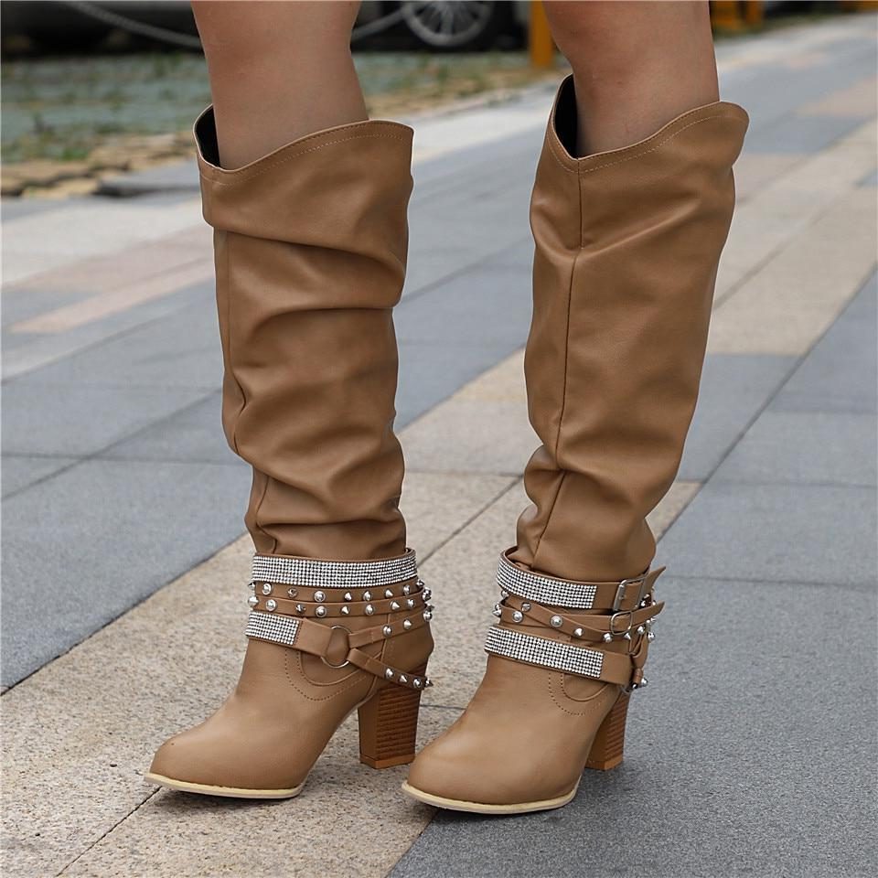 Studded Slouchy Knee-High Block Heel Boots for Women - Khaki