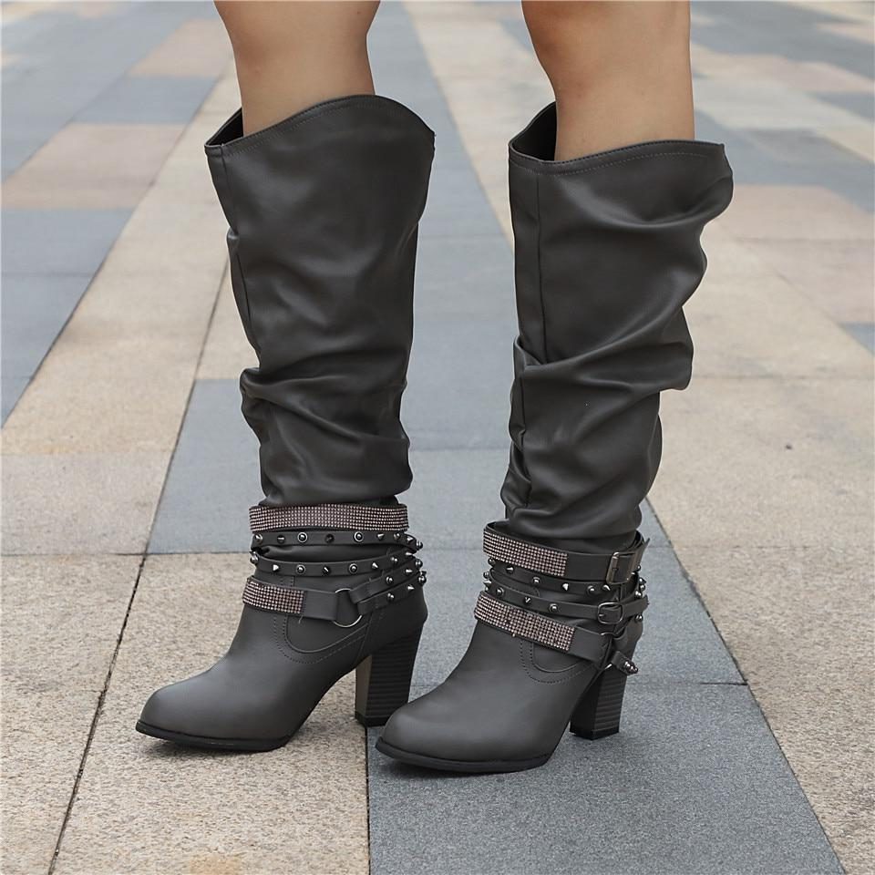Studded Slouchy Knee-High Block Heel Boots for Women - Grey