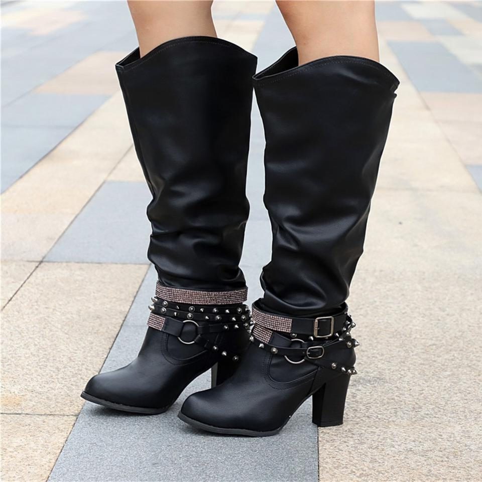 Studded Slouchy Knee-High Block Heel Boots for Women - Black