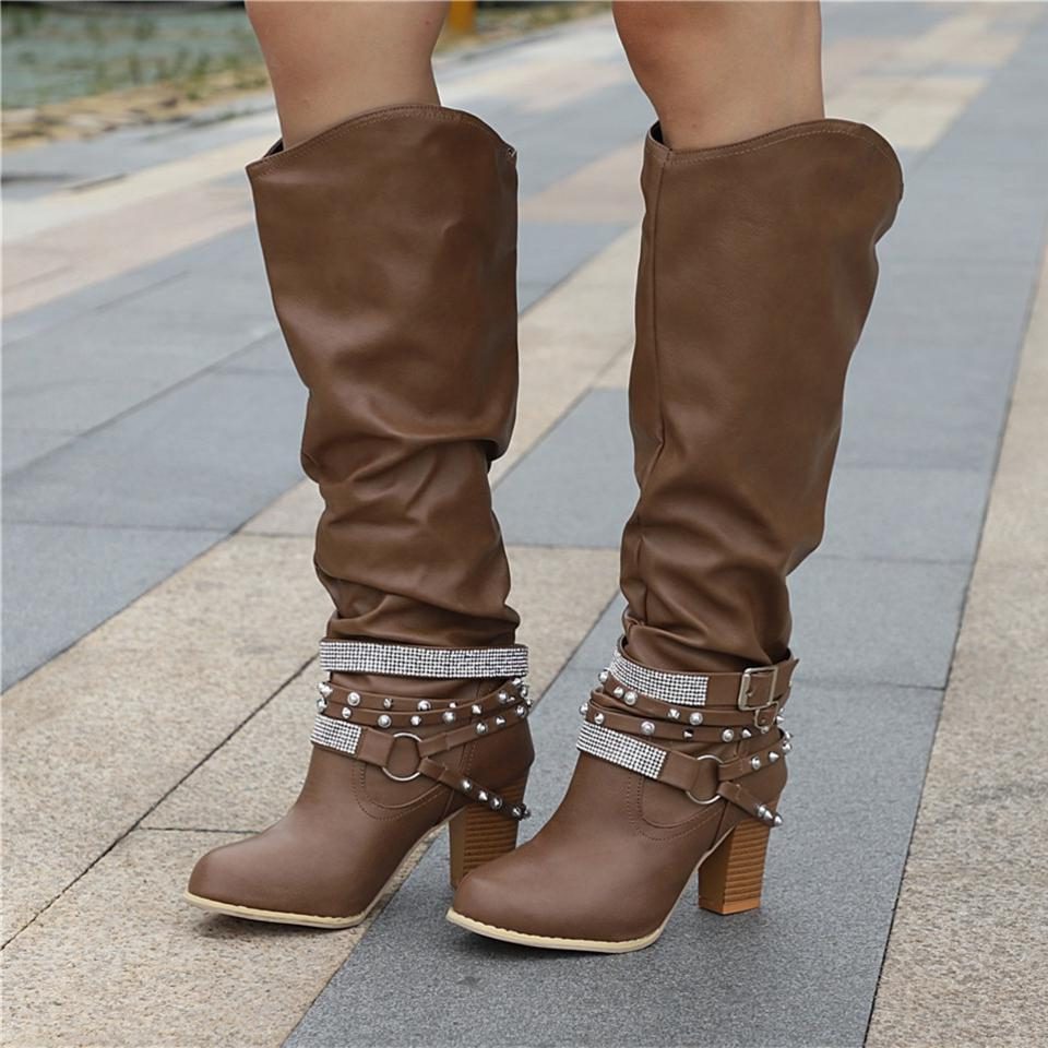 Studded Slouchy Knee-High Block Heel Boots for Women - View 6