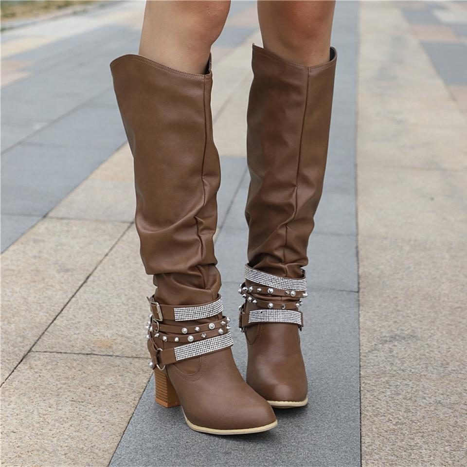 Studded Slouchy Knee-High Block Heel Boots for Women - View 7