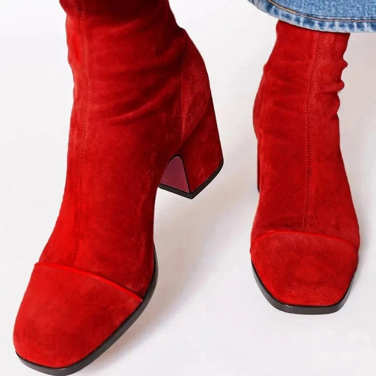 Suede Block Heel Ankle Boots with Animal Print Toe for Women - Red