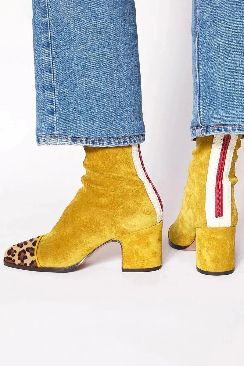 Suede Block Heel Ankle Boots with Animal Print Toe for Women - View 9