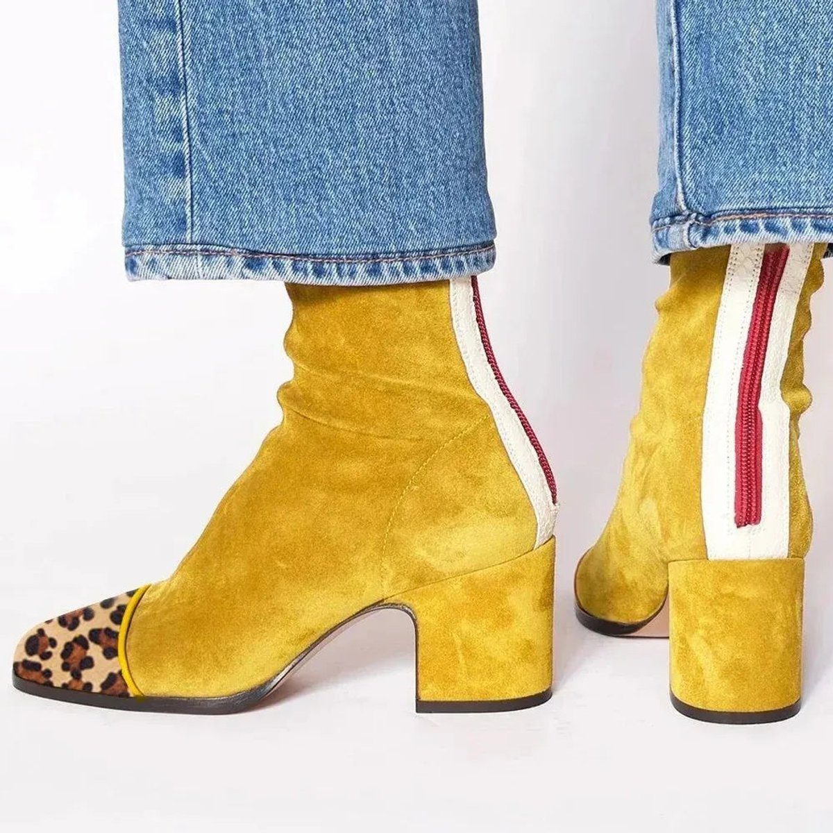 Suede Block Heel Ankle Boots with Animal Print Toe for Women