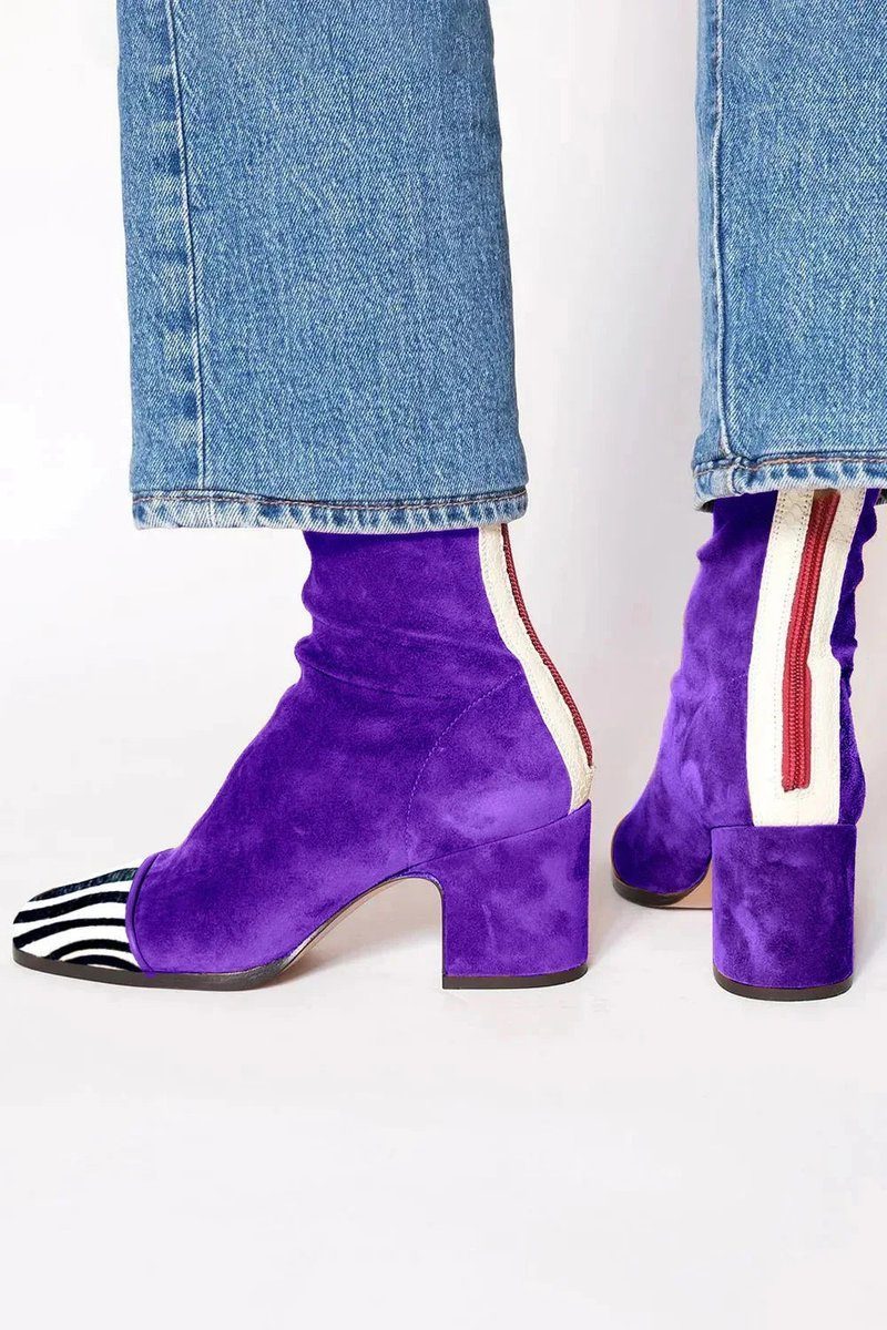 Suede Block Heel Ankle Boots with Animal Print Toe for Women - Purple