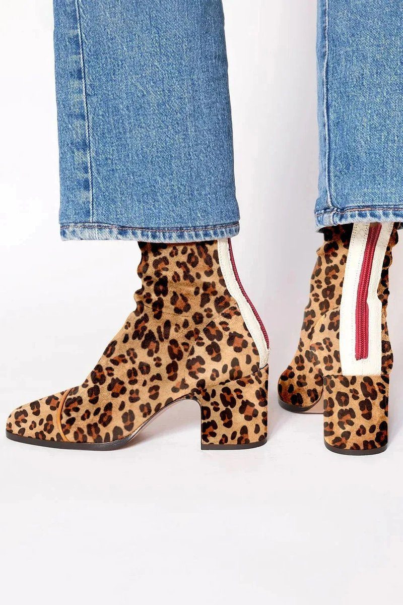 Suede Block Heel Ankle Boots with Animal Print Toe for Women - Leopard Print