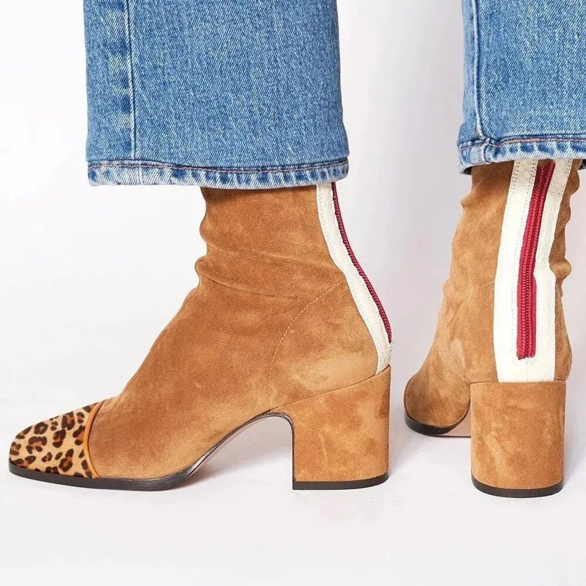 Suede Block Heel Ankle Boots with Animal Print Toe for Women - Brown