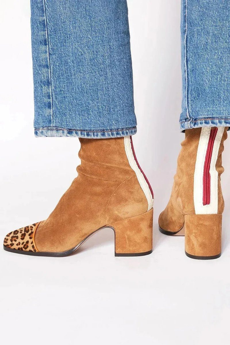 Suede Block Heel Ankle Boots with Animal Print Toe for Women - View 6