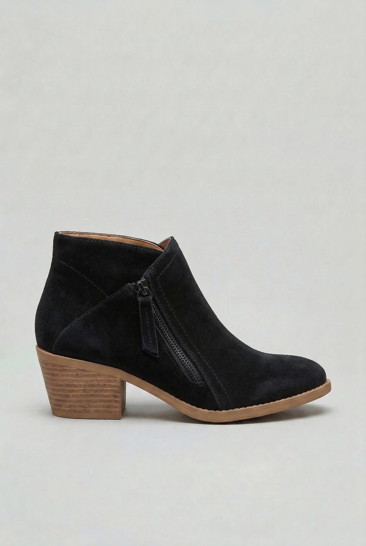 Suede Block Heel Ankle Boots with Zip for Women - Black