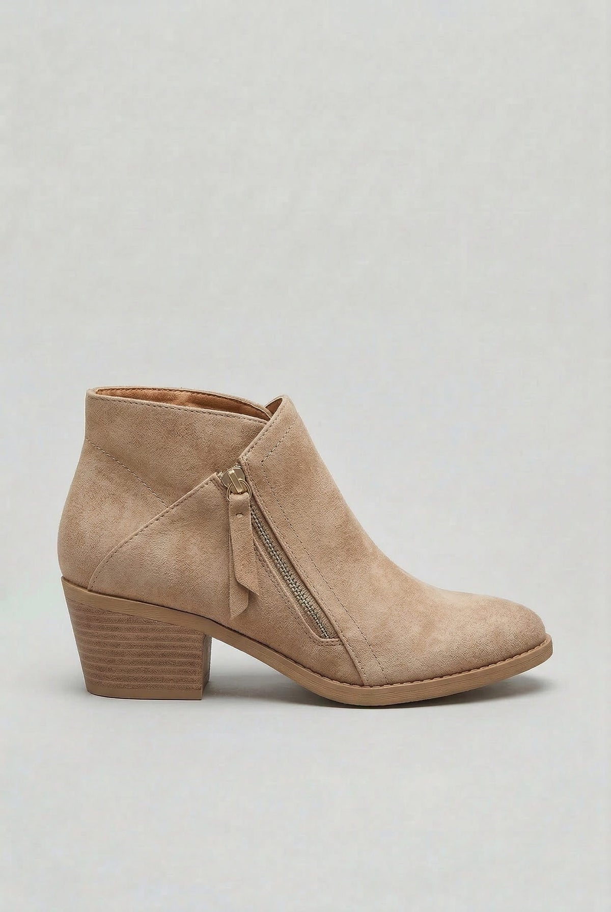 Suede Block Heel Ankle Boots with Zip for Women - Beige