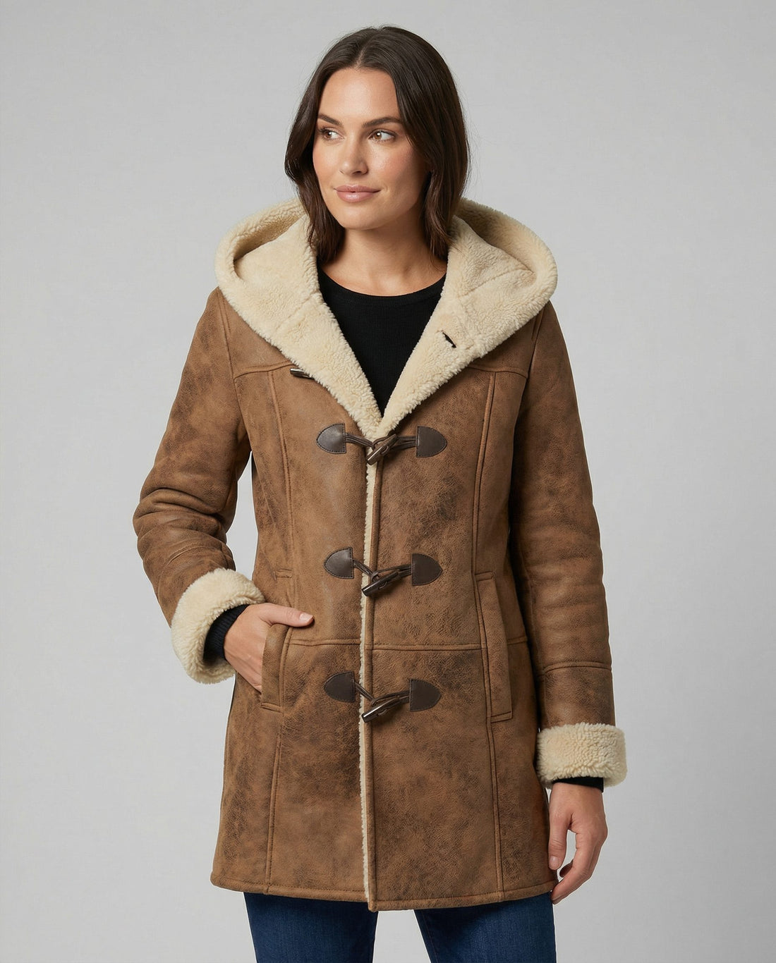 Suede Duffle Coat with Sherpa Collar for Women