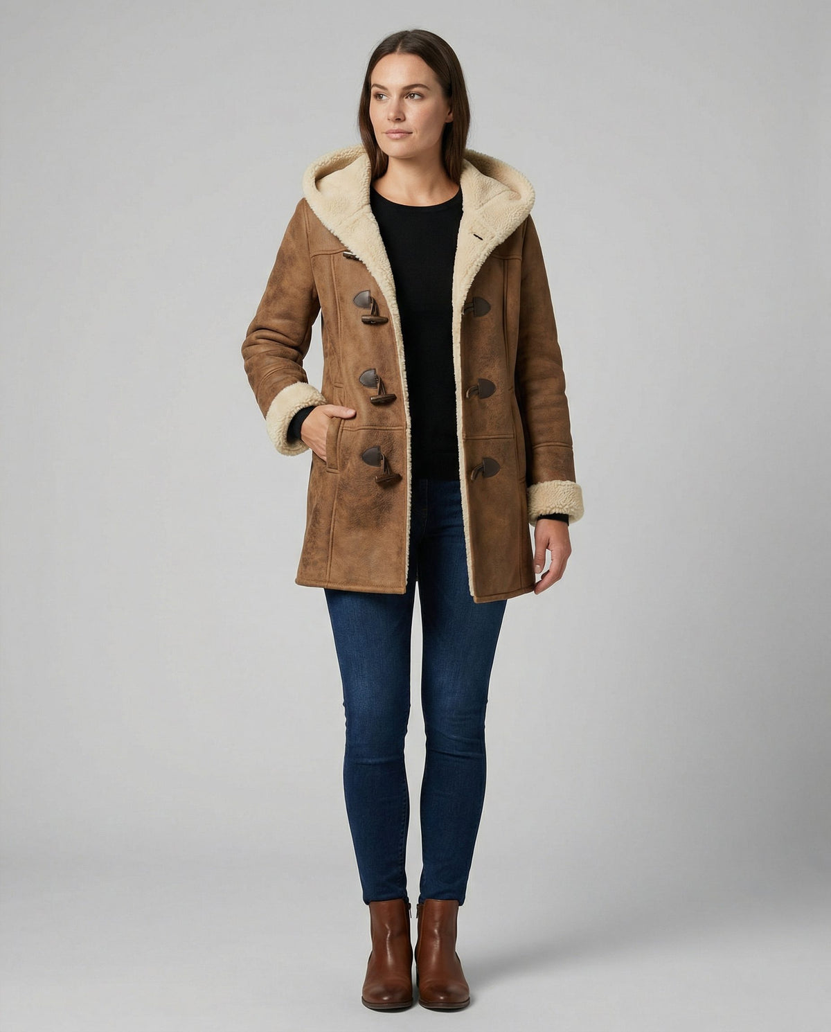 Suede Duffle Coat with Sherpa Collar for Women - View 2